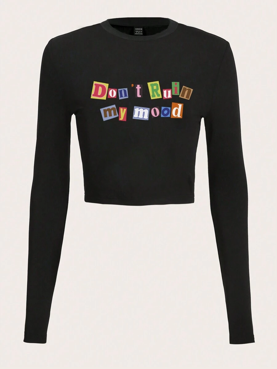 SHEIN EZwear Women's Slogan Print T-Shirt - Black - View 1