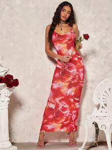 SHEIN BAE 浪漫情人節約會頸掛露背花卉印花優雅長裙女裝 - 彩色 - 查看 8