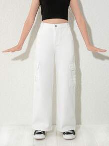Tween Girls New Loose Fit Straight Leg Cargo Denim Pants - White - View 1