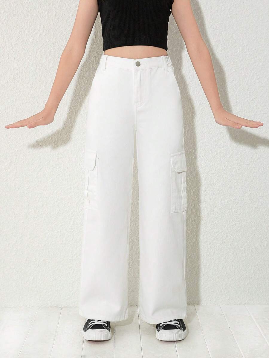 Tween Girls New Loose Fit Straight Leg Cargo Denim Pants - White - View 1