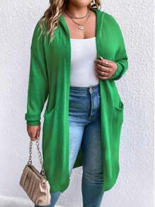 SHEIN CURVE+ Plus Size Women's Hooded Cardigan With Double Pockets - Green - View 6