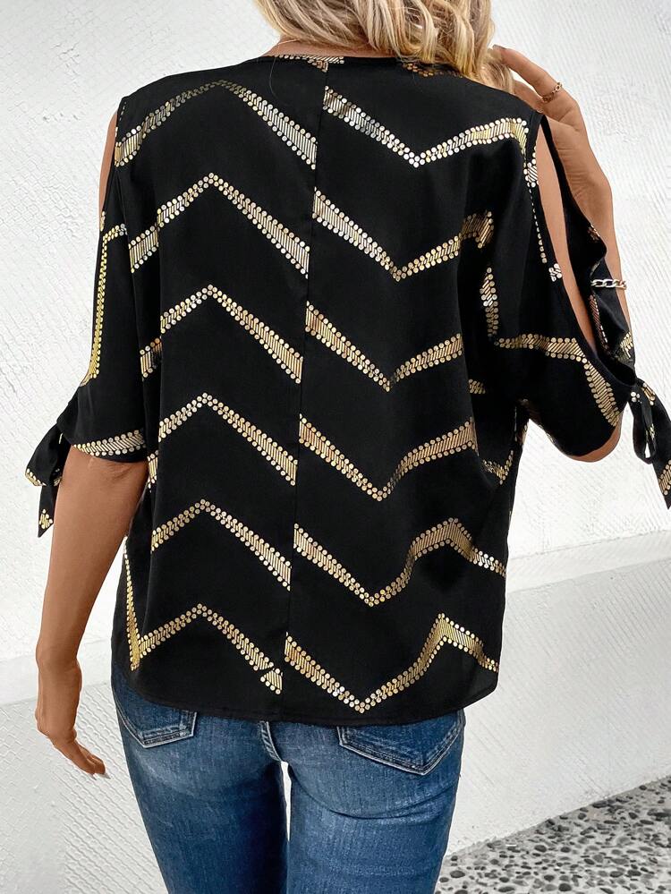 Women's Gold Striped Zipper Half-Placket Shirt