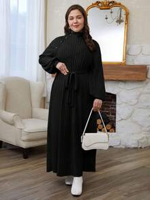 SHEIN Frenchy Plus Size Button Decorated Long Sleeve Belted Dress Elegant Style  All Black - Black - View 6