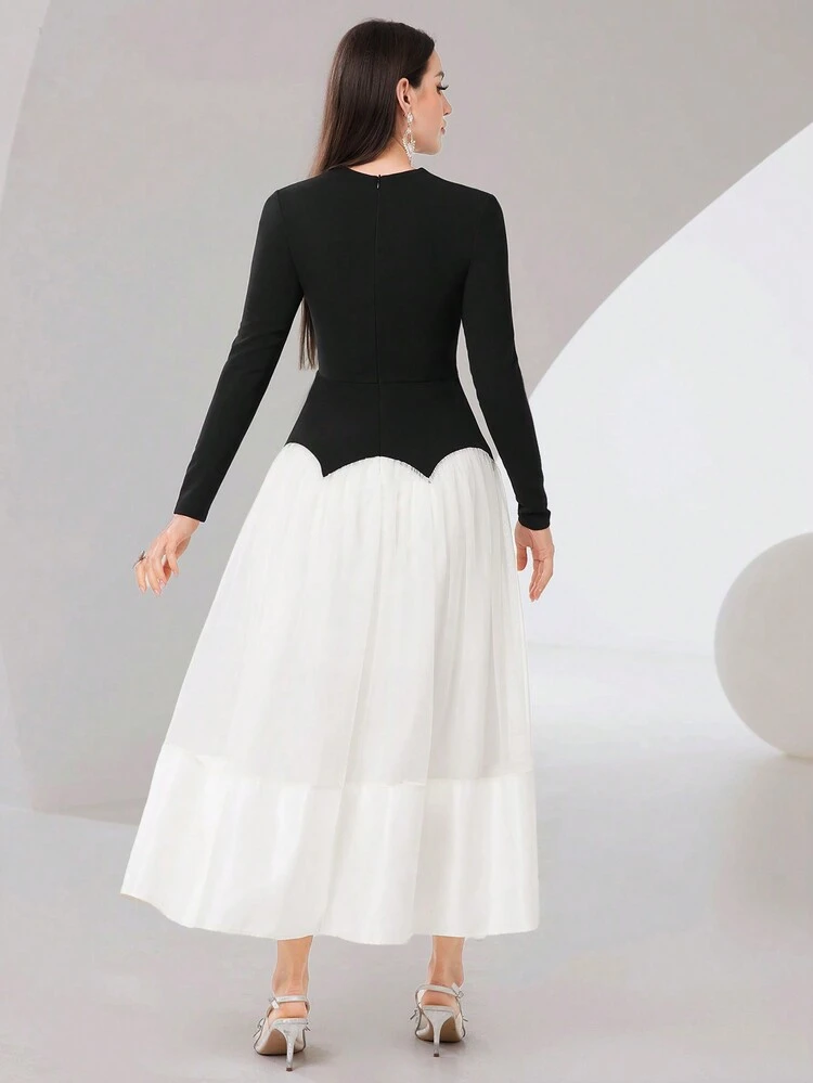 Women'S Long Sleeve Color Block Dress (Without Waist Chain) Long Evening Dresses