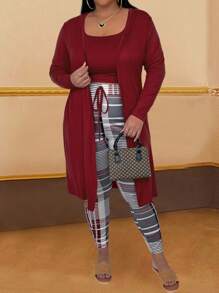 Inoviana 3pcs Plus Size Women Autumn Outfit Set: Coat, Cropped Tank Top And Plaid Leggings Fall Cloth For Women - Burgundy - View 4