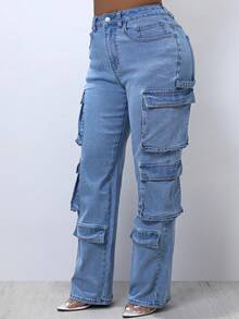 藍色多口袋牛仔工裝褲 - 藍色 - 查看 4