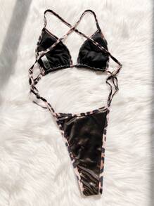 Swim SXY Đồ bơi một mảnh họa tiết da báo Splice Criss Cross Strap mùa hè - màu đen - Xem 3