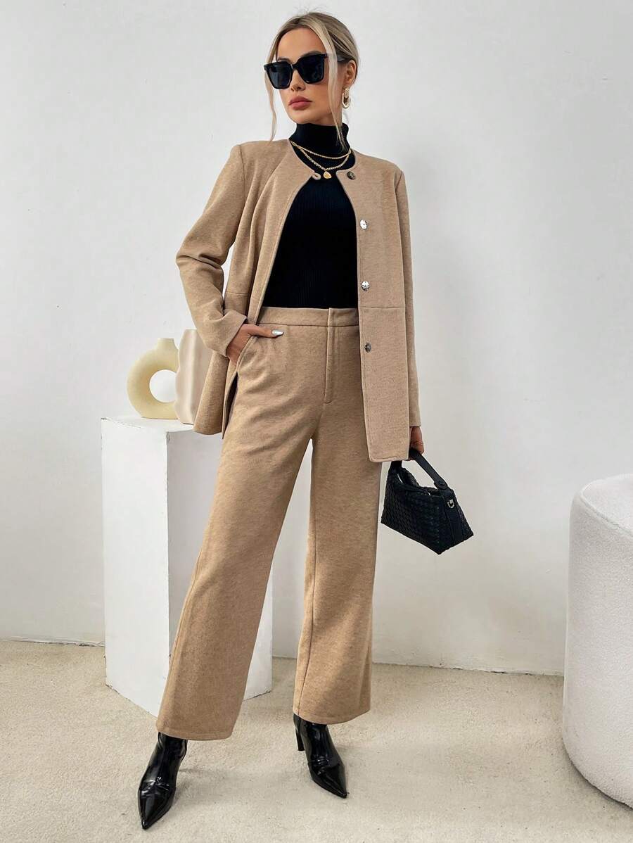 SHEIN Essnce 女款單排扣外套與褲子套裝 - 卡其色 - 查看 1