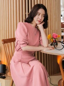 DAZY 優雅的女士泡泡袖二件套裝 - 粉色 - 查看 2