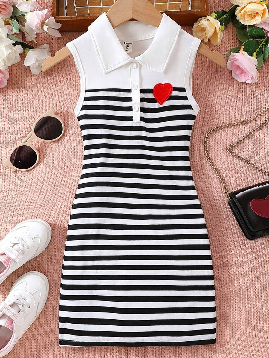 Sparklyn 少女领口条纹心形印花休闲修身连衣裙