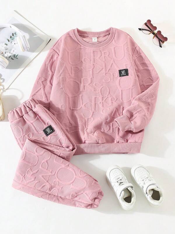 SHEIN Tween Girl 2pcs/Set Casual Slogan Iron-On Patch Design Sweatshirt And Jogger Pants For Autumn/Winter Family Matching Outfits Mommy And Me,3 Sets Are Sold Separately