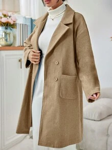 EURMUSE Women's Notched Collar Double Breasted Overcoat - Camel - View 4