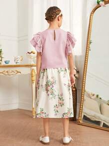 SHEIN Tween女孩荷葉邊圓領上衣&編織花印裙裝 - 淺粉色 - 查看 2