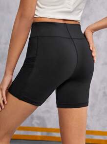 SHEIN 青少年女孩针织纯色撞色网眼短裤，带口袋，适合休闲穿着 - 黑色 - 查看 2