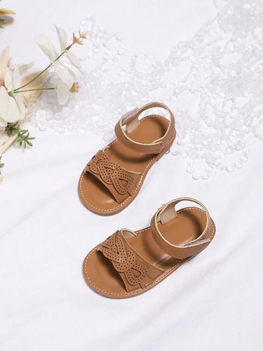 Girls' Retro Brown Mules Leather Sandals With Soft Sole And Hook And Loop Closure, Summer - Brown - View 1