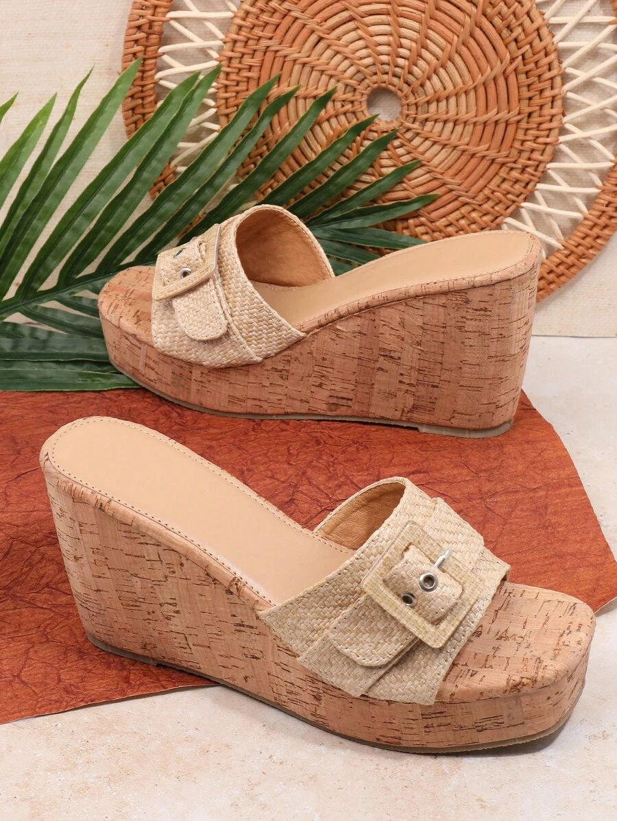 SHUZIA Women'S Beige Wedge Heeled Platform Sandals