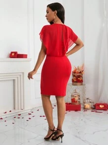 SHEIN Lady 女式裹領開衩下擺連身裙 - 紅色 - 查看 2