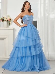 SHEIN Belle 露肩连衣裙，采用网眼拼接缎面和多层不对称网眼蓬松下摆，上衣为透明，适合晚会（重磅款） - 藍色 - 查看 8