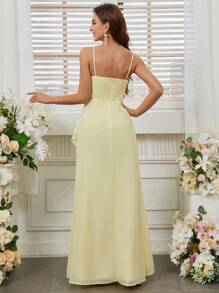 SHEIN Belle 成人伴娘礼服高开叉荷叶边装饰优雅连衣裙 - 黃色 - 查看 3