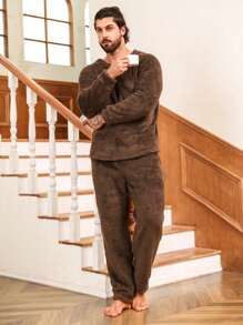 男士純色毛絨家居服套裝 - 棕色 - 查看 2
