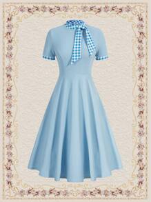 SHEIN DECDS Vintage Elegant New Year Women's Plaid Splicing Short Sleeve Dress With Bow Tie Collar And Umbrella Hem - Blue - View 2