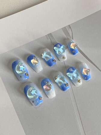 Kawaii 10 Pezzi Unghie Finte A Forma Di Bara Lunga In Blu Chiaro Con Pietre Moka, Incluso Colla Gelatina