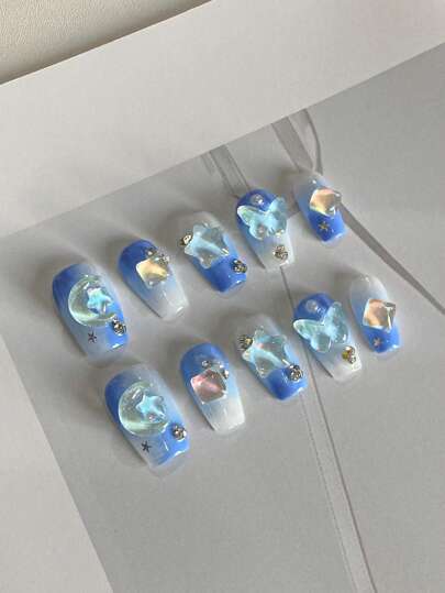 Kawaii 10 Pezzi Unghie Finte A Forma Di Bara Lunga In Blu Chiaro Con Pietre Moka, Incluso Colla Gelatina