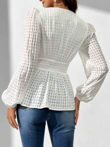 SHEIN Tall 女款燈籠袖V領襯衫，適合高個女性 - 白色 - 查看 2