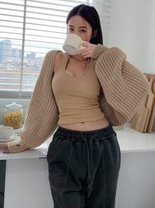 DAZY 1 件女式燈籠袖前開式聳肩開襟衫 - 卡其色 - 查看 1