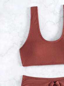 SHEIN Swim Ribbed Knit Bikini Swimwear Set With Ring Decoration Wedding Bathing Suit For Summer Beach - Rust Brown - View 4