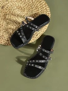 Women's Square Toe Flat Leather Sandals With Stud Detailing - Black - View 5
