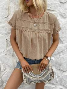 Women's Round Neck Contrast Lace Casual Shirt - Khaki - View 3