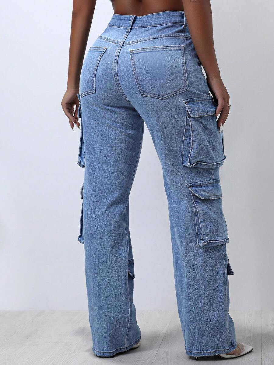 藍色多口袋牛仔工裝褲 - 藍色 - 查看 1