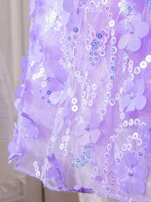 SHEIN Vestido Morado Para Niñas Pequeñas Con Bordado De Flores En 3d - Morado - Ver 5