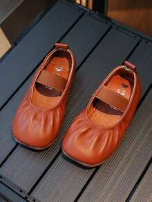 Fashionable Girls' Elastic Band Square Toe Soft Bottom Leather Shoes - Brown - View 4