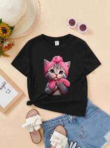 SHEIN 女童黑色可愛貓咪印花短袖T恤，春夏款，休閒時尚 - 黑色 - 查看 1