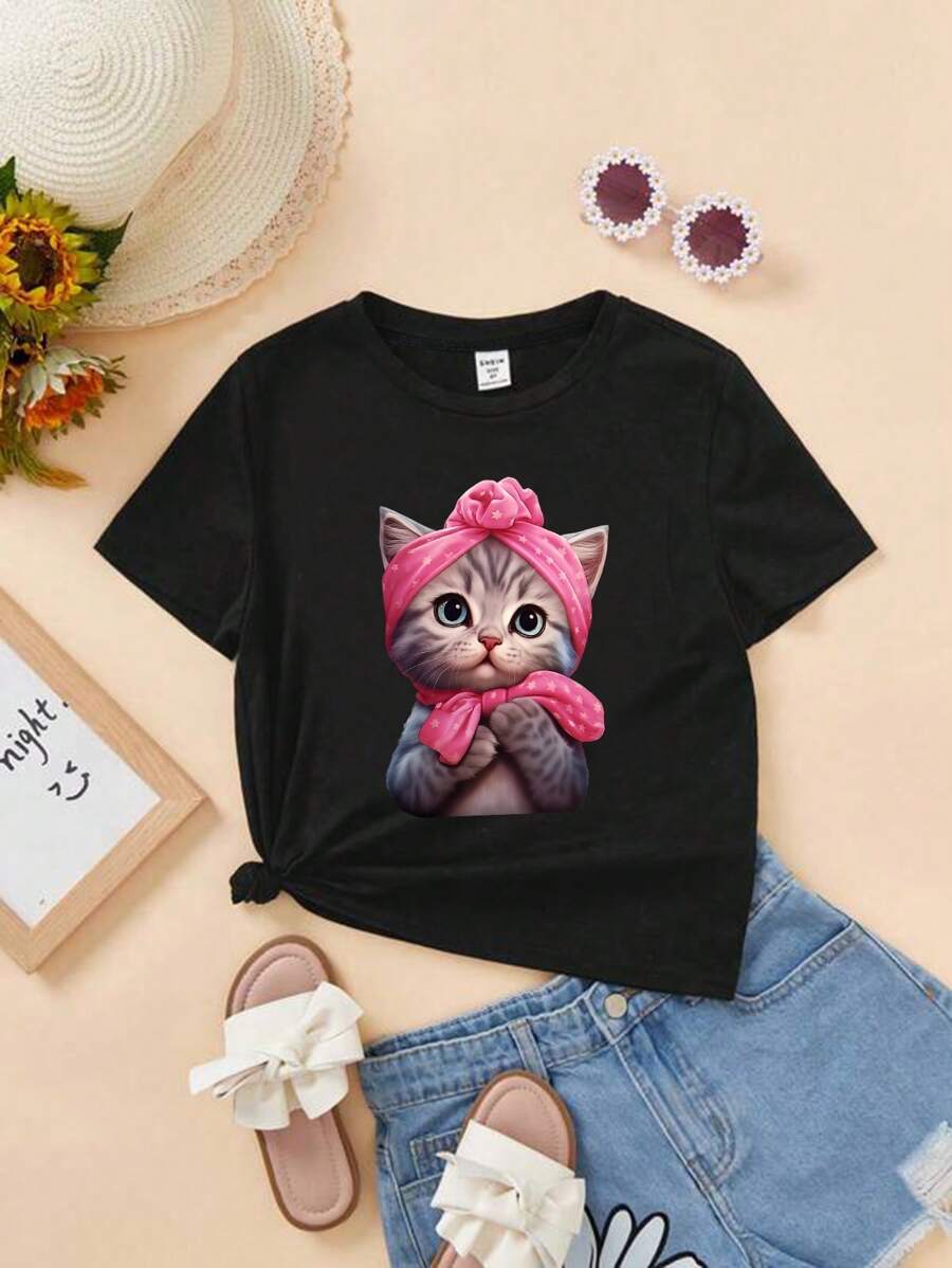 SHEIN 女童黑色可愛貓咪印花短袖T恤，春夏款，休閒時尚 - 黑色 - 查看 1