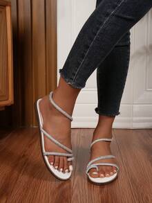 Sandalias Planas De Mujer De Moda Con Pedrería - Blanco - Ver 3