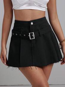 SHEIN EZwear 女性磨損邊褶皺牛仔裙 - 黑色 - 查看 1