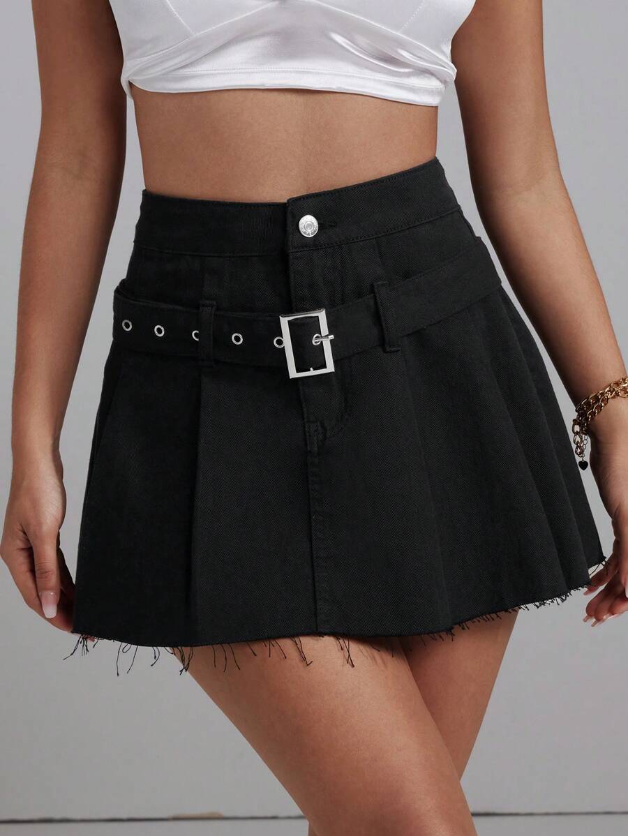 SHEIN EZwear 女性磨損邊褶皺牛仔裙 - 黑色 - 查看 1