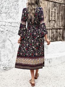 V領連衣裙,v型胸衣帶和劃分腰部,具有高開叉設計 - 黑色 - 查看 2