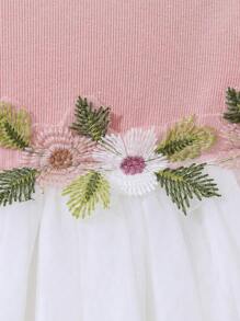 SHEIN Baby Girl'S Casual Knitted Ruffle Hem Mesh Embroidered Flower Dress With Matching Bloomers Set