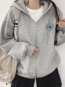 DAZY Của phụ nữ Mô hình hoa Túi kangaroo Áo Zip Up Hoodie - Xám - Xem 7