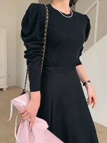 DAZY Solid Color Women's Short Sleeve T-Shirt With Leg-Of-Mutton Sleeves Long Sleeve Women Tops - Black - View 3