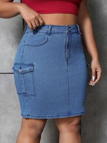 SHEIN ICON Kích thước lớn Màu thuần Trang phục làm việc Váy Denim - Rửa trung bình - Xem 4