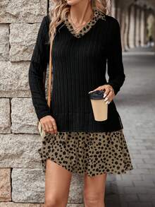 SHEIN LUNE 女裝兩件式長袖連衣裙,對比波點圖案板片設計 - 卡其色 - 查看 3