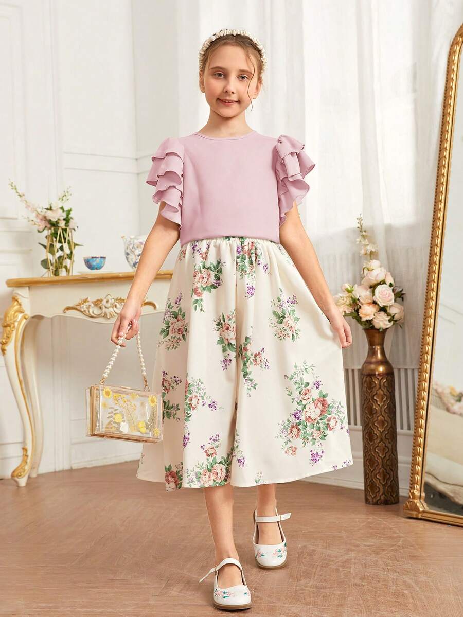 SHEIN Tween女孩荷葉邊圓領上衣&編織花印裙裝 - 淺粉色 - 查看 1