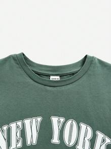 SHEIN Tween 女孩字母印花圓領短版休閒短袖 T 卹 - 青碧色 - 查看 3