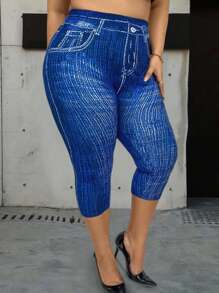 Calvaya Plus High Waist Denim-Effect Print Leggings - Blue - View 5