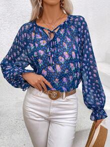SHEIN Frenchy Blusa Con Scollo A V In Chiffon Con Stampa Floreale, Cintura E Maniche A Volant - Multicolore - Visualizzare 2